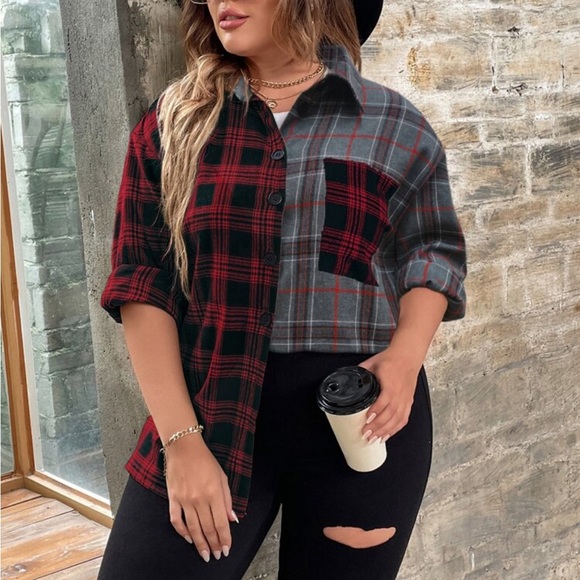 Classic Elegant Plus Size Plaid Button Down Shirt Top Blouse - Picture 5 of 16